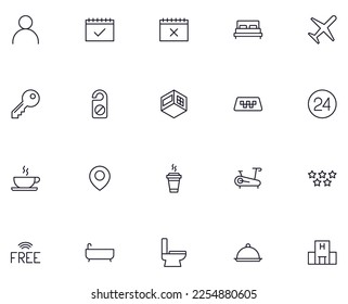 Hotel concept. Collection of modern high quality hotel line icons. Editable stroke. Premium linear symbol for web sites, flyers, banners, online shops and companies. 