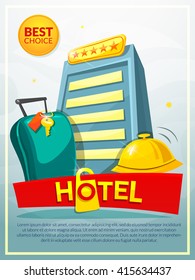 Hotel concept design, business poster with bell and suitcase, vector illustration