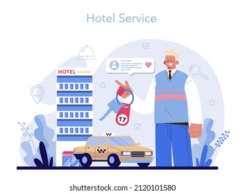 Concepto de hotel. Servicio de turismo, material de hotel profesional para los turistas. Apartamento de reserva para vacaciones en el extranjero. Ilustración vectorial plana