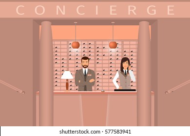 Hotel concierge service interior. Front view of reception counter with two employee. Flat style vector illustration.