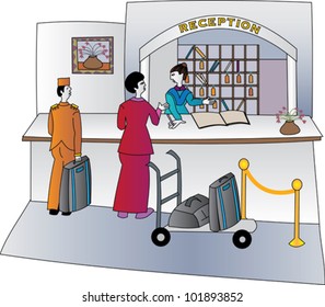 Hotel Concierge Welcoming Guests With Luggage On A Trolley And A Bell Hop