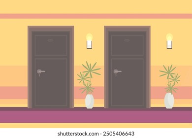 Hotel corridor with closed doors of rooms. Interior hall of apartments, hotel, motel. Modern vector cartoon illustration.