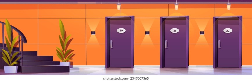 Hotel corridor with closed doors. Vector cartoon illustration of hallway interior design, entrances to motel rooms, apartments, school classrooms, hospital wards, staircase, modern office building