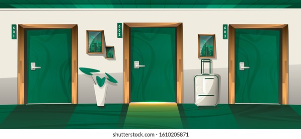 Hotel corridor with closed numbered doors. Vector cartoon interior of hallway in apartment house, hostel or motel with green carpet, suitcase and plant. Illustration of tourism, vacation travel