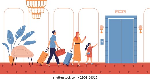 Hotel corridor interior with family going to lift with luggage flat vector illustration