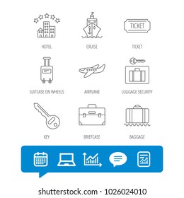 Hotel, cruise ship and airplane icons. Key, baggage and briefcase linear signs. Luggage security and ticket flat line icons. Report file, Graph chart and Chat speech bubble signs. Vector
