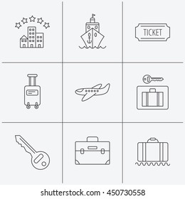 Hotel, cruise ship and airplane icons. Key, baggage and briefcase linear signs. Luggage security and ticket flat line icons. Linear icons on white background. Vector