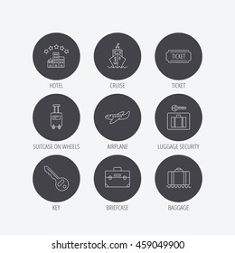 Hotel, cruise ship and airplane icons. Key, baggage and briefcase linear signs. Luggage security and ticket flat line icons. Linear icons in circle buttons. Flat web symbols. Vector