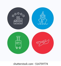 Hotel, cruise ship and airplane icons. Baggage linear sign. Linear icons on colored buttons. Flat web symbols. Vector