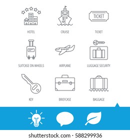 Hotel, cruise ship and airplane icons. Key, baggage and briefcase linear signs. Luggage security and ticket flat line icons. Light bulb, speech bubble and leaf web icons. Vector