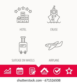 Hotel, cruise ship and airplane icons. Baggage linear sign. Edit document, Calendar and Graph chart signs. Star, Check and House web icons. Vector