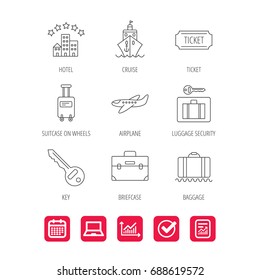 Hotel, cruise ship and airplane icons. Key, baggage and briefcase linear signs. Luggage security and ticket flat line icons. Report document, Graph chart and Calendar signs. Laptop and Check web icons