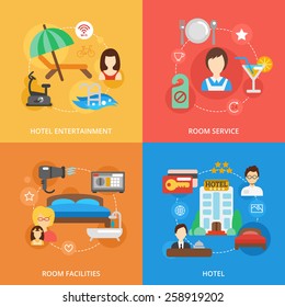 Hotel design concept set with entertainment room service facilities flat icons isolated vector illustration