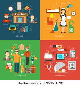 Hotel design concept set with room service flat icons isolated vector illustration