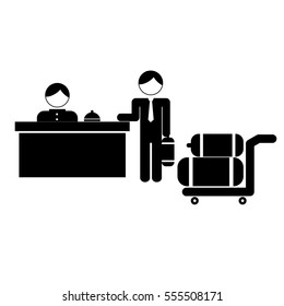 hotel desk clerk and gues with luggage icon image vector illustration design 