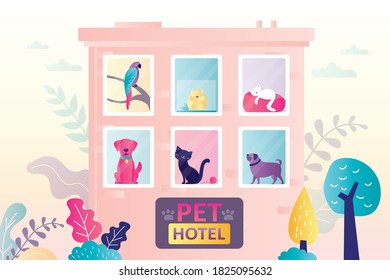 Hotel for different domestics animals. Various cute pets in building windows. Concept of business, holiday and petcare. Large sign board with paws at entrance. Trendy flat vector illustration