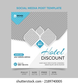Hotel discount blue banner design template for social media, Travel Social media post banner 