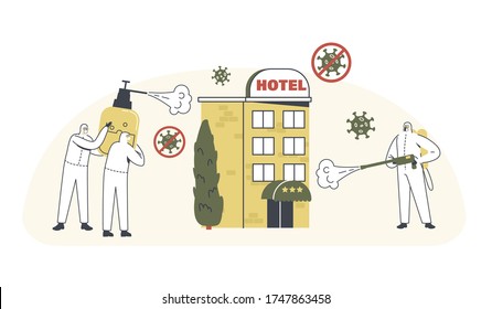 Hotel Disinfection, Coronavirus Contamination. Human Characters Wearing Protective Hazmat Suits Spraying Antibacterial Liquid on Huge Covid19 Cell Flying in Air. Linear Vector People Illustration