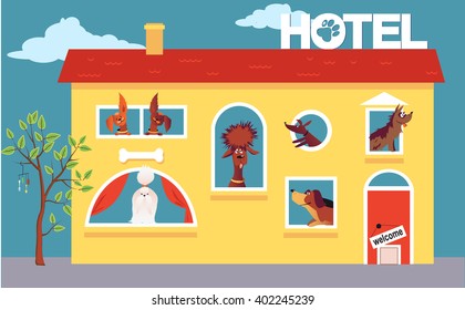 Hotel para perros. Edificio de hotel de caricatura ocupado por perros lindos, EPS 8 ilustración vectorial