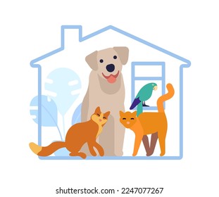 Hotel for domestic animals. Pet shelter. Vet service. Home with dog or cats. Parrot bird. Help to puppy. Care of kittens. Veterinary center. Building house. Kitty