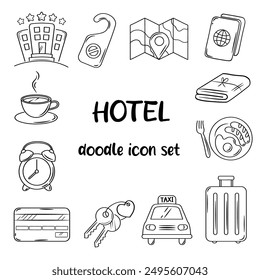 Hotel doodle icon set. Hostel hand drawn illustrations on white background.