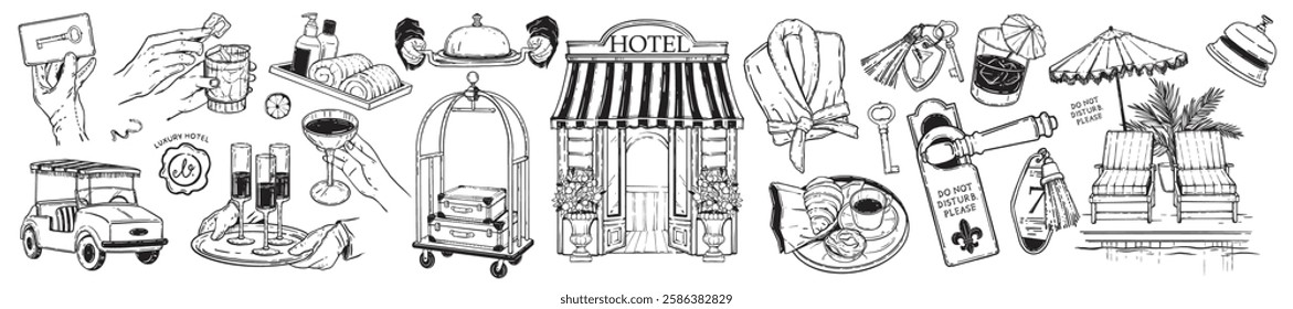 Hotel doodle icon set, vector hand drawn summer vacation villa luxury resort line illustration kit. Building entrance, suite handle, bathroom accessories, restaurant bar drinks, lobby cart. Hotel icon