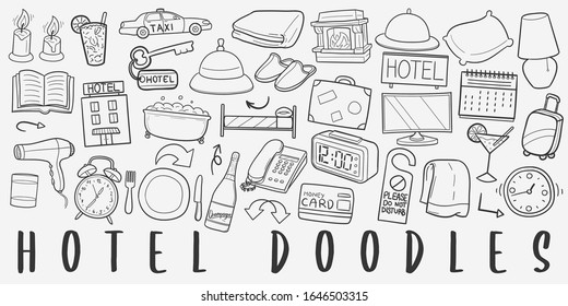 Hotel Doodle Line Art Illustration. Hand Drawn Vector Clip Art. Banner Set Logos.