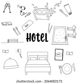 hotel doodle. Hotel services hand drawn doodle icons.