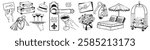 Hotel doodle set, vector hand drawn vacation line illustration, wedding honeymoon design elements. Room key, lobby card, reception bell, suite handle, travel baggage. Hotel doodle rest, tourism print