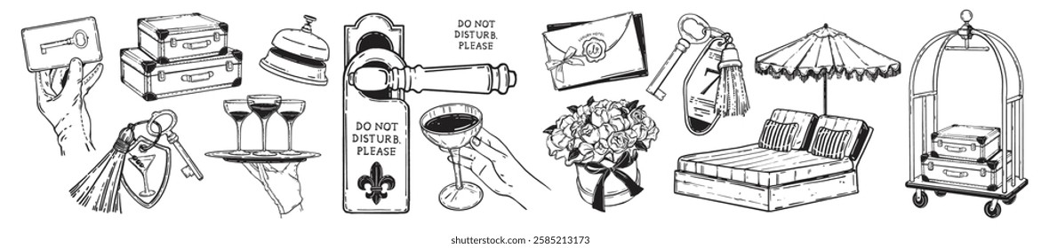 Hotel doodle set, vector hand drawn vacation line illustration, wedding honeymoon design elements. Room key, lobby card, reception bell, suite handle, travel baggage. Hotel doodle rest, tourism print
