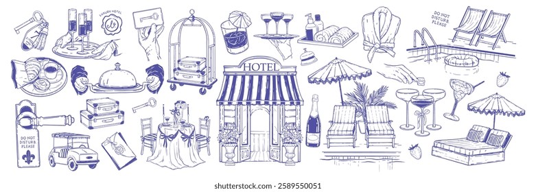 Hotel doodle set, vector hand drawn summer vacation rest line illustration, wedding honeymoon print. Relax pool holiday icon, cocktail beverages, waiter tray, villa entrance door. Hotel doodle icon