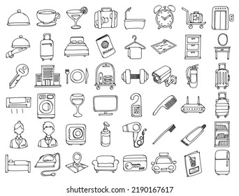 Hotel Doodle vector icon set. Drawing sketch illustration hand drawn line.