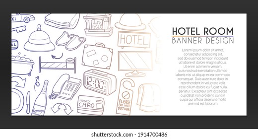 Hotel Doodles Banner. Room Background Hand drawn. Guest Vacations Icons illustration. Vector Horizontal Design.