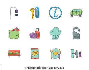 hotel doodles isolated on white. hotel icon set for web design, user interface, mobile apps and print