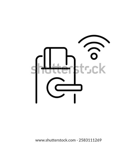 Hotel door with digital lock and key card and wi-fi symbol. Connected stay for work and relax. Pixel perfect vector icon