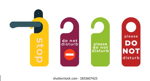 Hotel door handle. Door handle hanging room tag with text shown do not disturb. Vector illustration