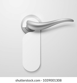 Hotel door handle with white blank plastic hanger vector illustration. Hang door with empty tag no disturb