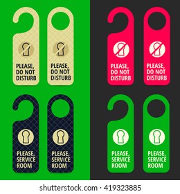 Hotel door hanger for handle or knob design. Do not disturb, please service or clean room doorhanger template. Vector die cutting inform sign