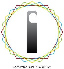 Hotel Door hanger tag sign. Vector. Black icon with patch of light inside colorful hexagonal frames at white background.