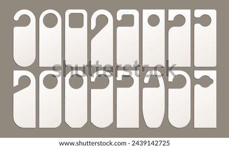 Hotel door hangers. Closed room sign, paper tag for handle with do not disturb or cleaning message, motel entrance privacy concept. Vector isolated set