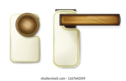 Hotel door knob vector illustration of wooden turning round handle with hanging empty paper notice tag template. Isolated 3D mockup on white background