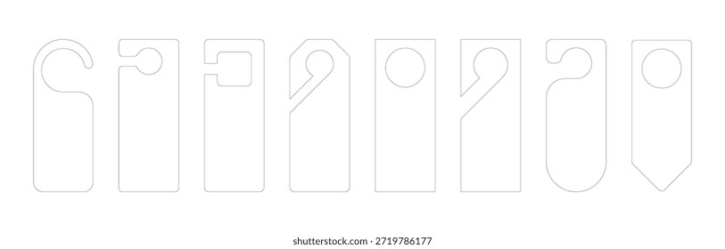 Vetor de etiqueta da porta do hotel definido com ícones de etiqueta de corte de morrer para pendurar no botão ou na alça. Modelo de design de panfleto de papelão para sinais de quarto, incluindo não perturbe e bem-vindo maquetes de etiqueta