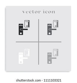 Hotel door lock and key card flat black and white vector icon.