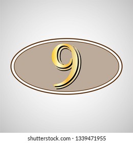Hotel door number, golden nine. Vector.