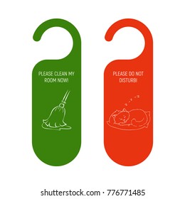 Hotel Door red and green hanger. Do Not Disturb Sign and clean my room label. Broom Besom and sleeping cat. Vector illustration.