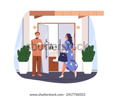 Hotel doorman opening door for woman guest. Porter in uniform greeting, welcoming client at entrance, entry to lobby. Hospitality service. Flat vector illustration isolated on white background