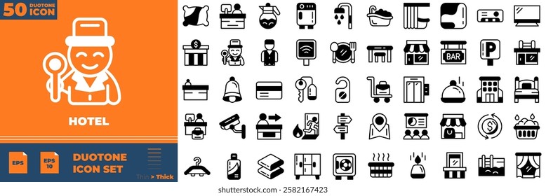 Hotel Duotone Editable Icons set. Vector illustration in modern thin duotone style of hotel icons:  house, office, bank, school, hotel, shop, etc