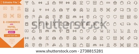 Hotel E-commerce icons set. Including shopping cart, online store, delivery, payment, discount, customer support. Hotel services related icons room characteristics, meals, Editable Stock.