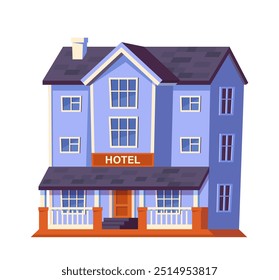 Conceito de elemento de hotel. Construção e lugar para turistas e viajantes. Férias e férias, turismo. Cartaz ou banner para o site. Ilustração de vetor plano isolada no plano de fundo branco