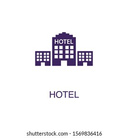 Hotel element in flat simple style on white background. Hotel icon, with text name concept template